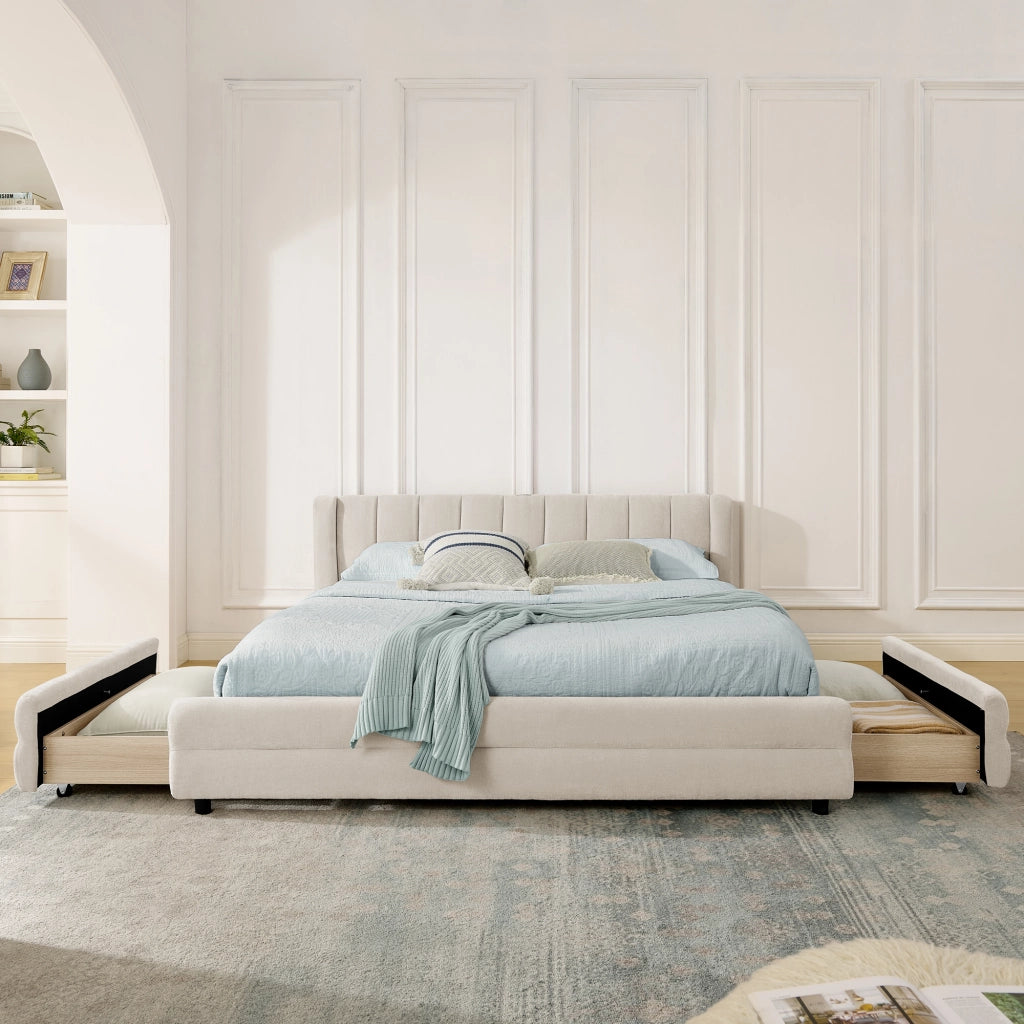 Letto con Cassetti 140x200 cm - 4 Cassetti; USB e Porta di Ricarica di Tipo C - Beige
