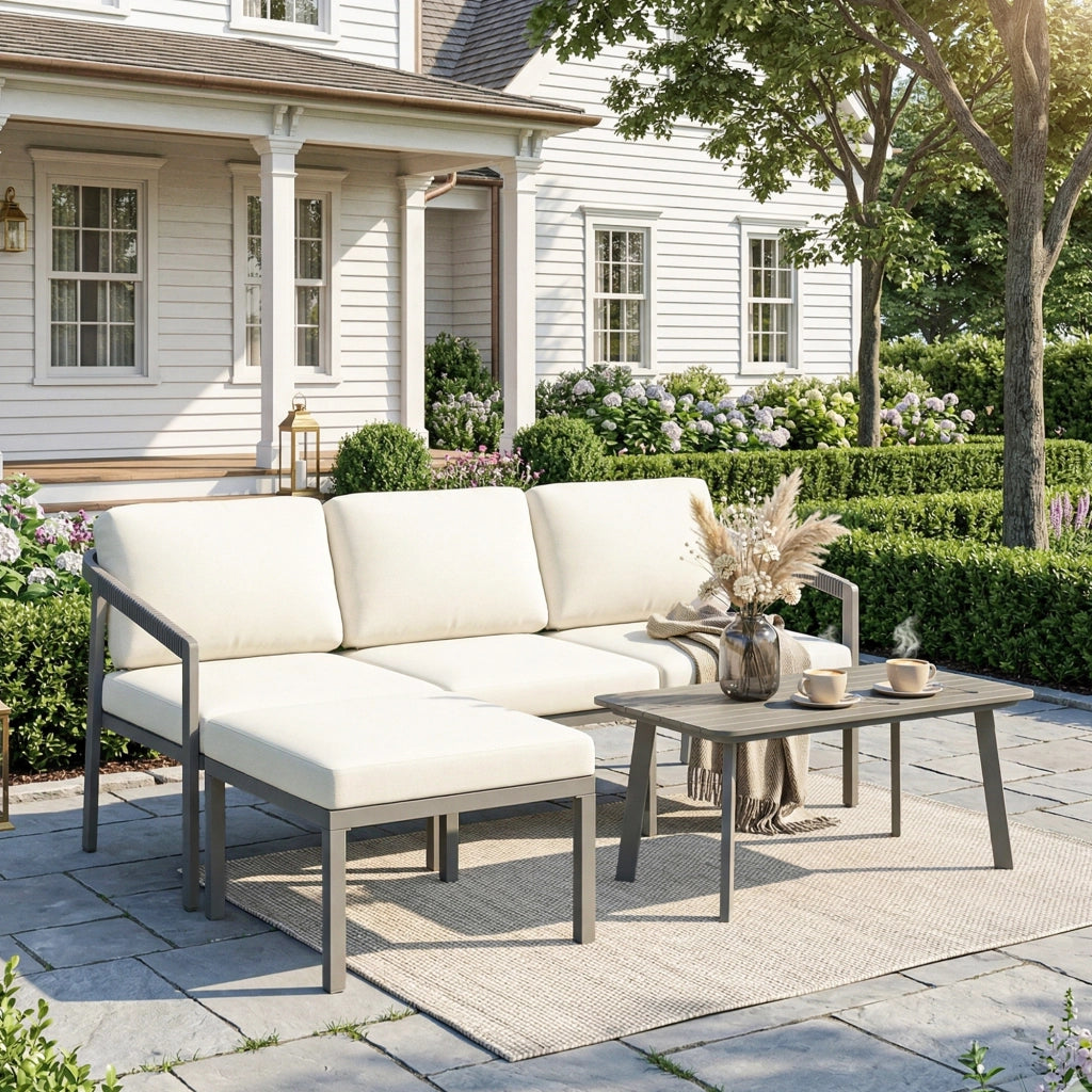 Set Giardino 3 Pezzi con Divano 3 Posti, Poggiapiedi, Tavolino e Cuscini ¨C zephmum ¨C Marrone e Beige