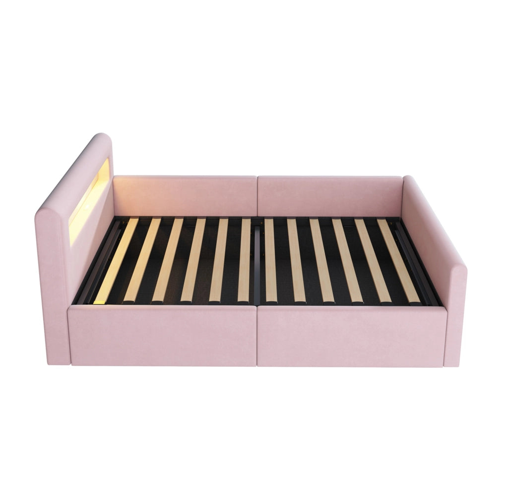 Letto imbottito 90x200 cm con LED; luce notturna; USB e contenitore in velluto rosa