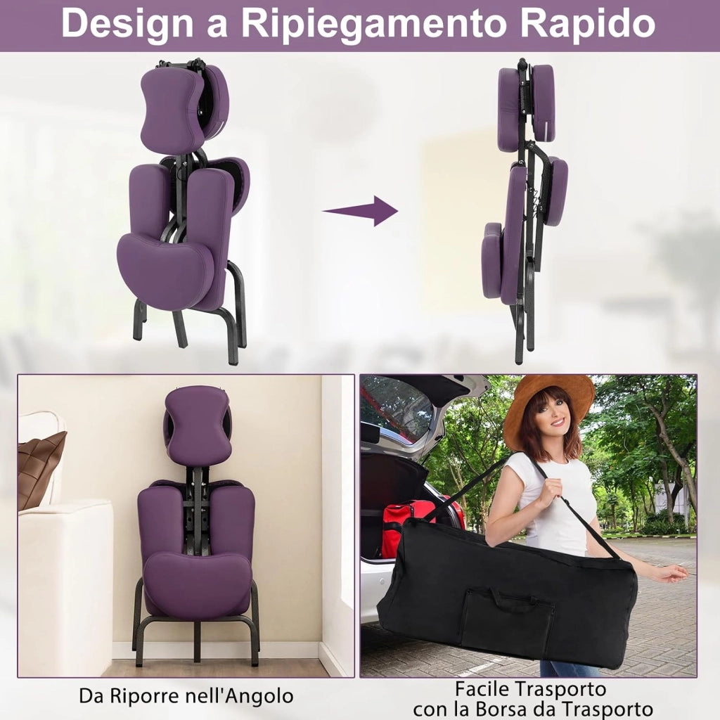 Sedia da Massaggio Pieghevole e Leggera, per Viaggi Tatuaggi e SPA, Sedia da Massaggio con Altezza Regolabile con Poggiatesta e Borsa da Trasporto (Viola)