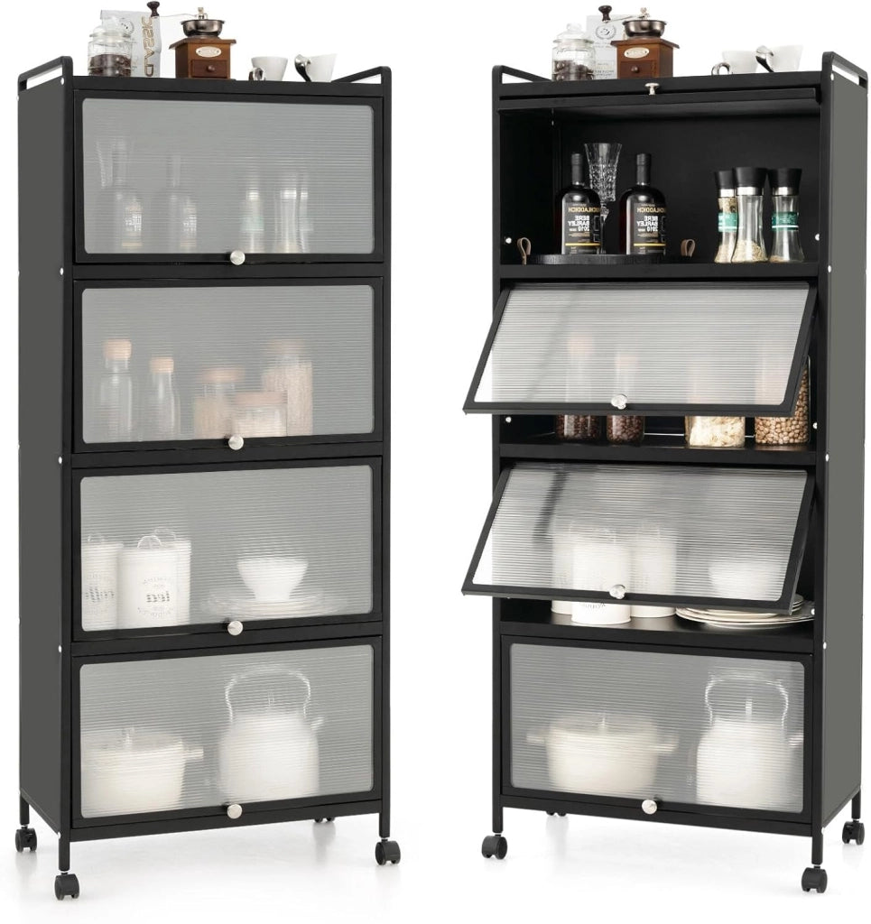 Credenza Cucina a 5 Livelli, Scaffale da Cucina in Piedi su Ruote, Mobile Cucina Dispensa con Ante in PC, con Protezione Antiribaltamento, 60 x 32 x 154 cm, 3 Colori (Nero)