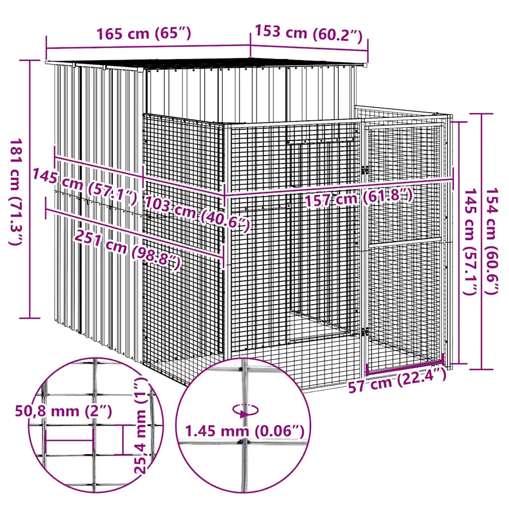 Casetta Cani con Corsa Antracite 165x251x181 cm Acciaio Zincato 172365