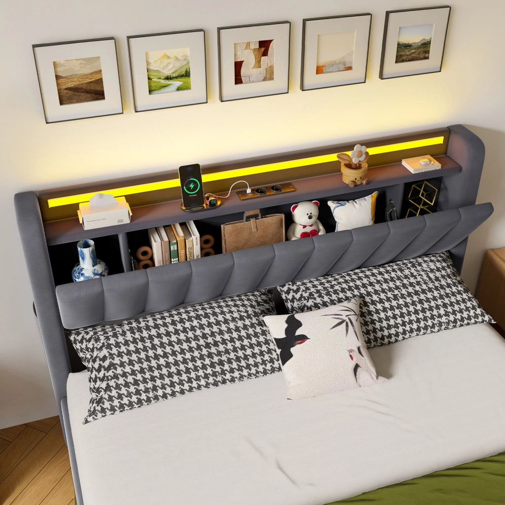 LETTO Imbottito 160 x 200 cm Grigio Scuro con Contenitore, USB e LED
