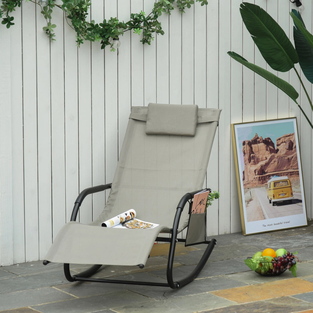 Poltrona a Dondolo da Giardino con Poggiatesta e Tasca Laterale, 150x62x88 cm, Nero e Grigio
