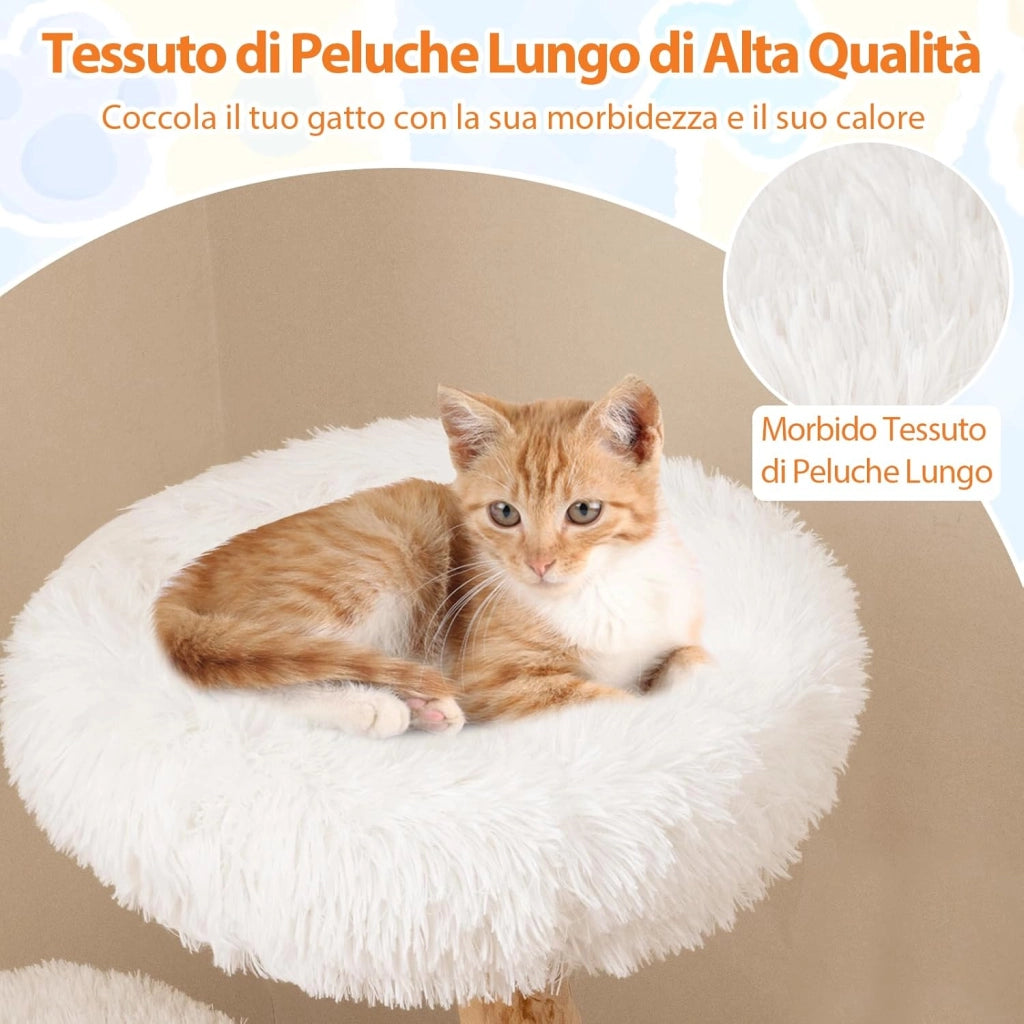 Albero per Gatti 90 cm, Torre per Gatti in Legno con Piattaforma in Tessuto in Pile Lungo, Tiragraffi in Juta e Pallina Pendente, Cuccia per Animali Domestici (Bianco)