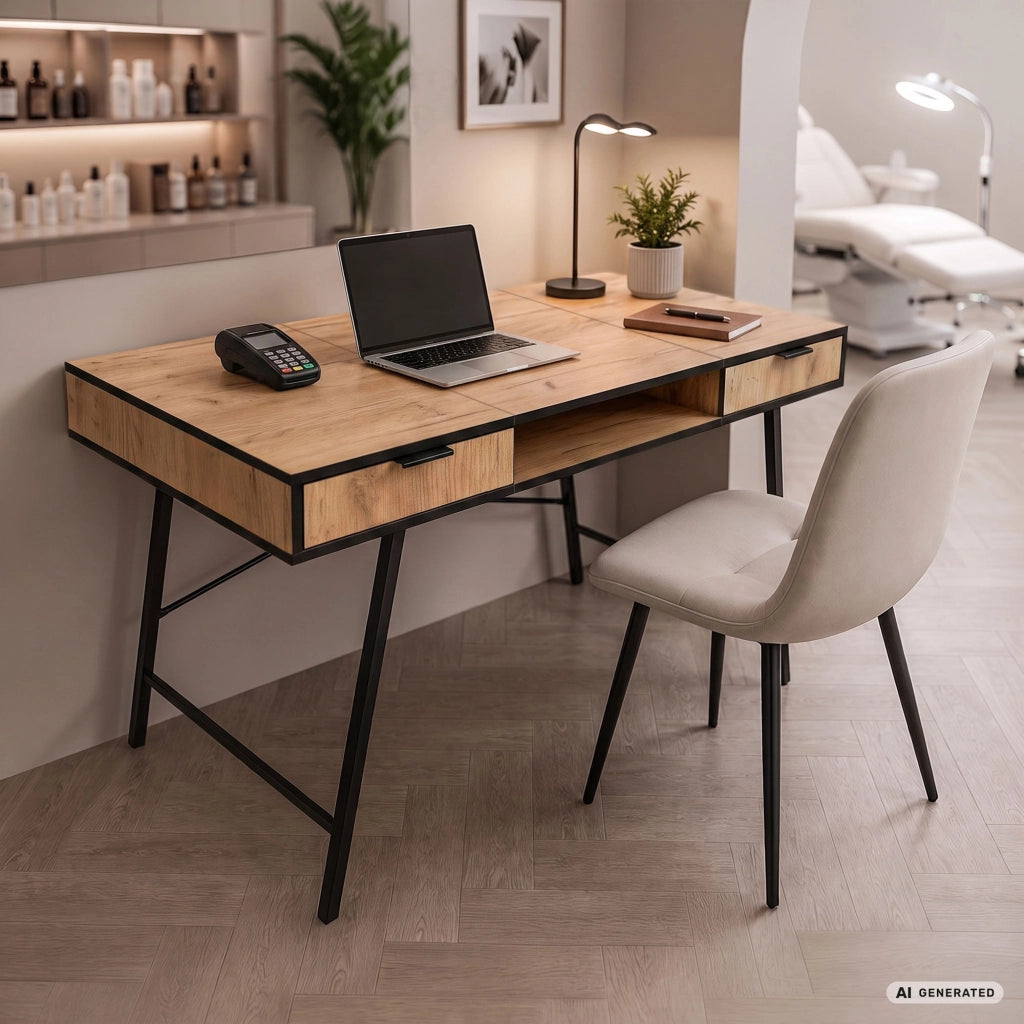 Scrivania industriale per computer Rovere Craft ARDEN 120 cm 2 cassetti 1 ripiano gambe nere