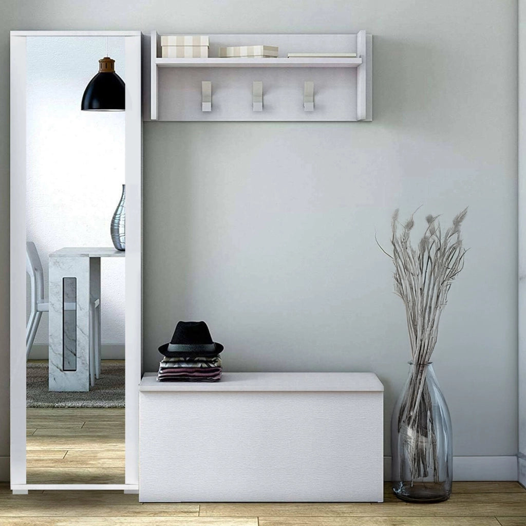 Mobile da ingresso Tanzanite, Entratina moderna con appendiabiti, Mobile con scarpiera, Armadietto con specchio, Cm 50x32h182, Bianco