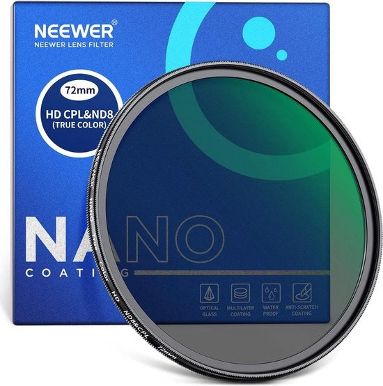 Filtro 2-in-1 72mm Polarisatore e ND8 - 3 Stop Filtro ND e CPL Combinato con Smalto Multi Nano HD Vetro Ottico - Idrorepellente e Resistente ai Marcature