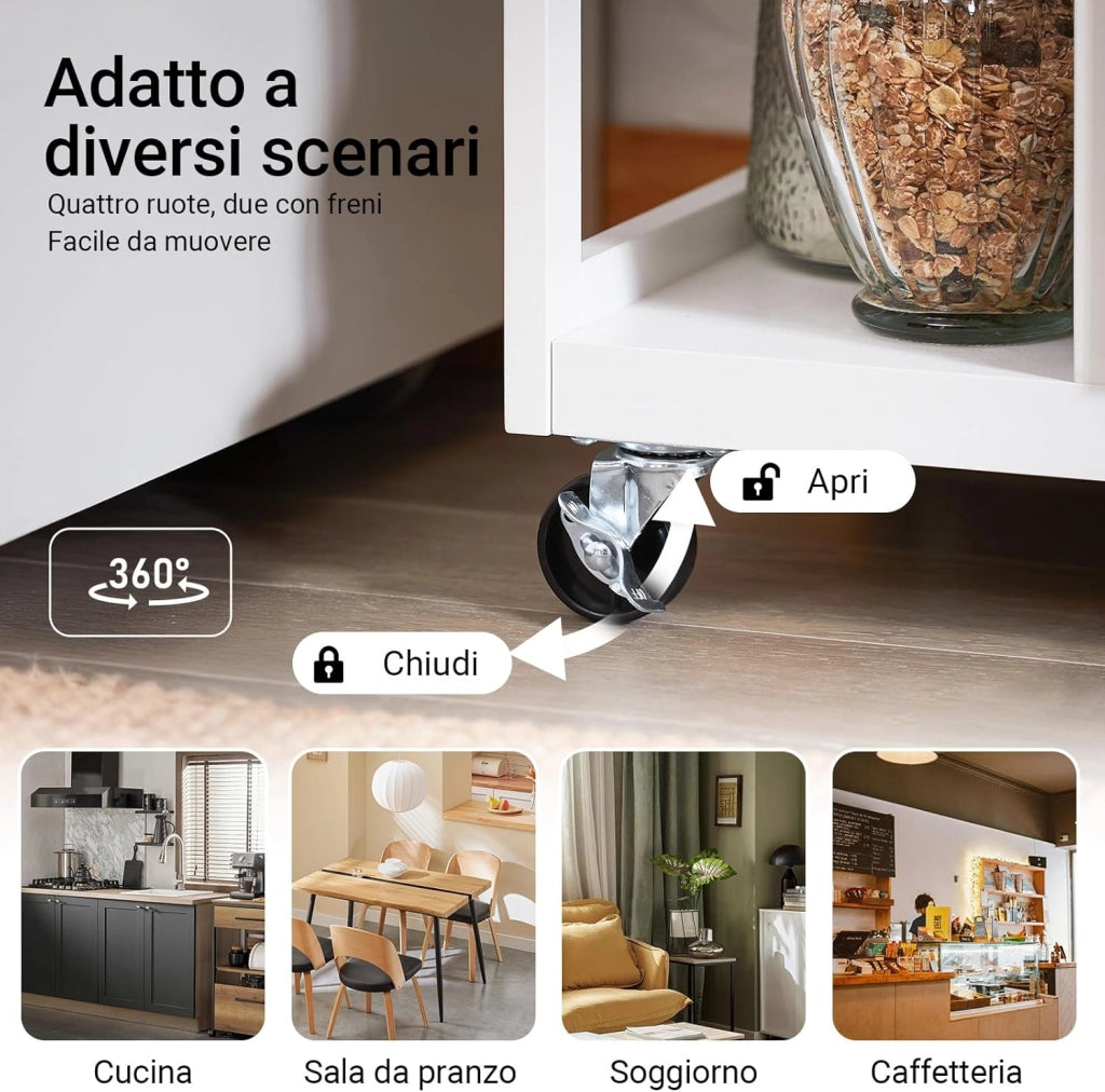 Carrello Cucina con Ruote Salvaspazio per Piccoli Spazi, Mobiletto Cucina con Cassetti e Ripiani, Carrello con Ruote Portatutto da Cucina, Isola Cucina Compatta Bianco 53x37x89 cm FKW111-WN