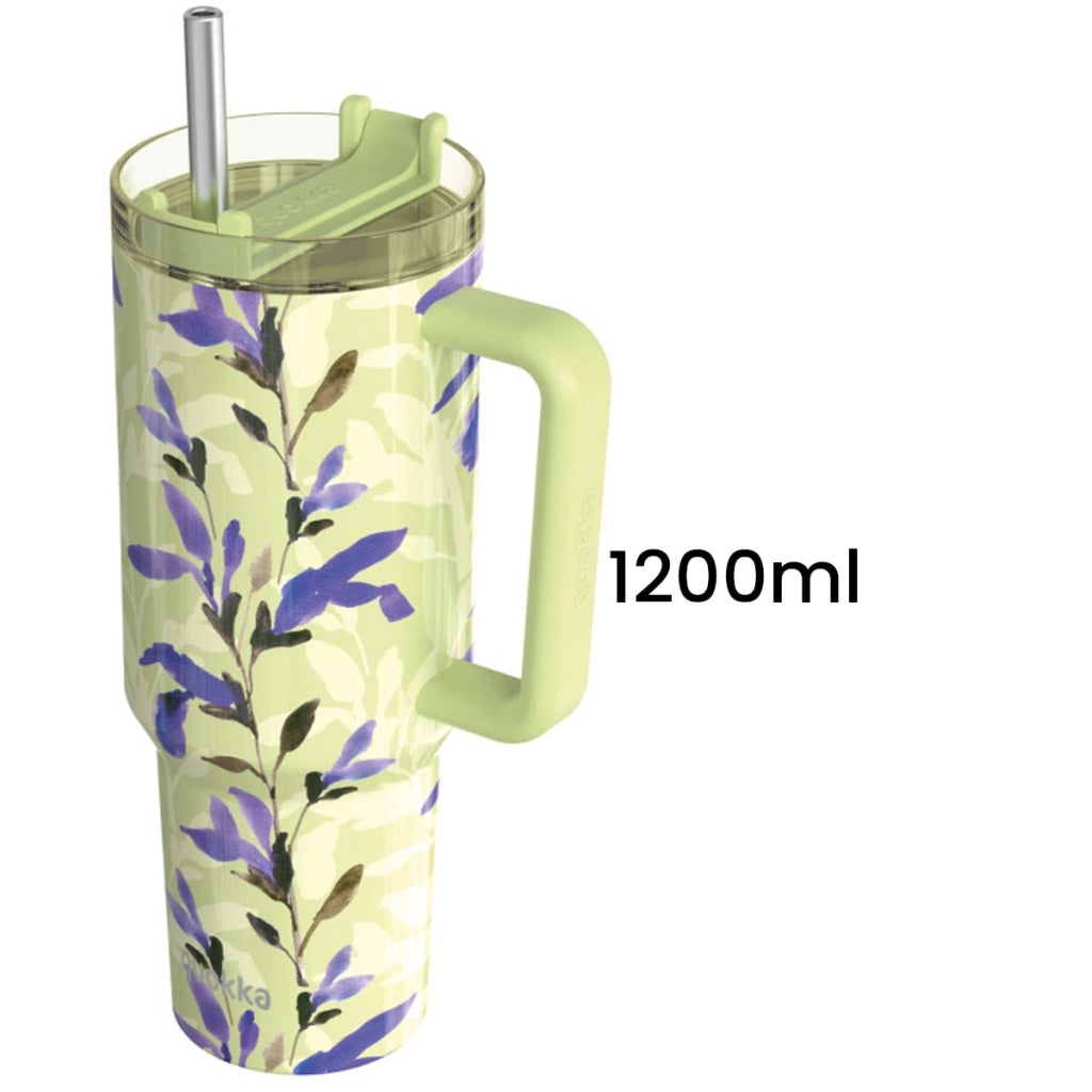 Bicchiere Termico 1200 ml con Cannuccia con Decorazione Floreale Matcha Verde Quokka