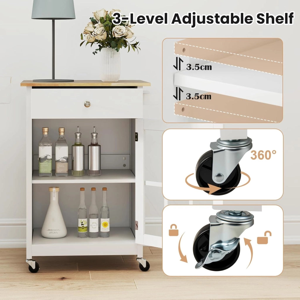 Carrello da cucina con ruote, carrello di servizio con cassetto, porta in vetro temperato, portasciugamani in legno di gomma, tavolo da bar mobile con ripiano regolabile per soggiorno