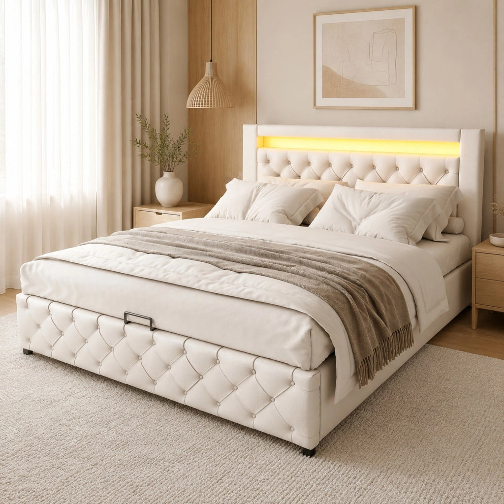 Letto imbottito 160 x 200 cm con rete a doghe, contenitore e LED, bianco, PU