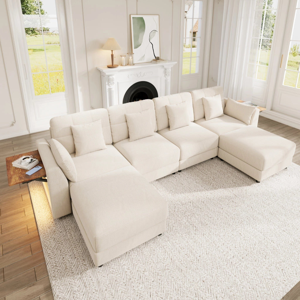 DIVANO Modulare U/L 292x135x82 cm Chenille Beige con 2 Hocker