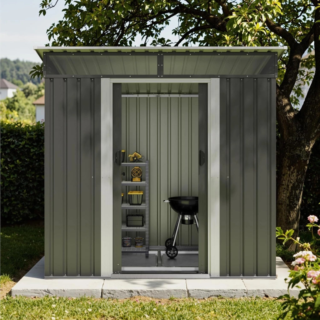 Capanno per attrezzi in metallo, 183 x 109 x 182 cm, con fondamenta, 3,6 m³ casa per attrezzi con lucernario e tetto spiovente, per esterni, resistente alle intemperie, capanno per biciclette