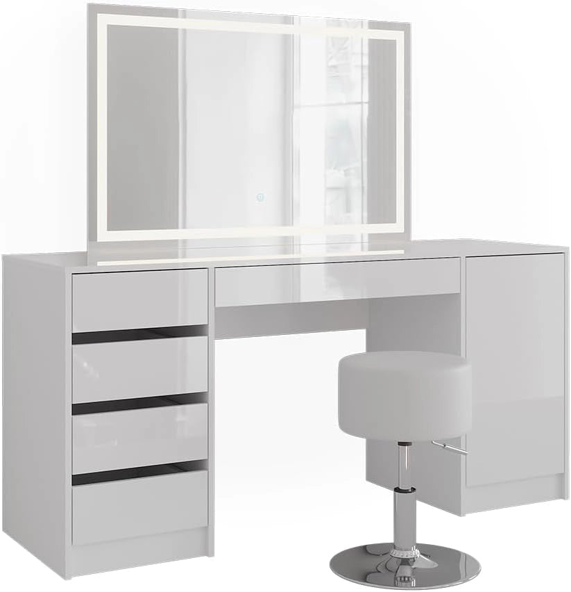 Tavolo da toeletta Sherry, Bianco/bianco lucido, 158.2 cm con specchio LED e sgabello, adatto per la conservazione e l'uso quotidiano in camera da letto