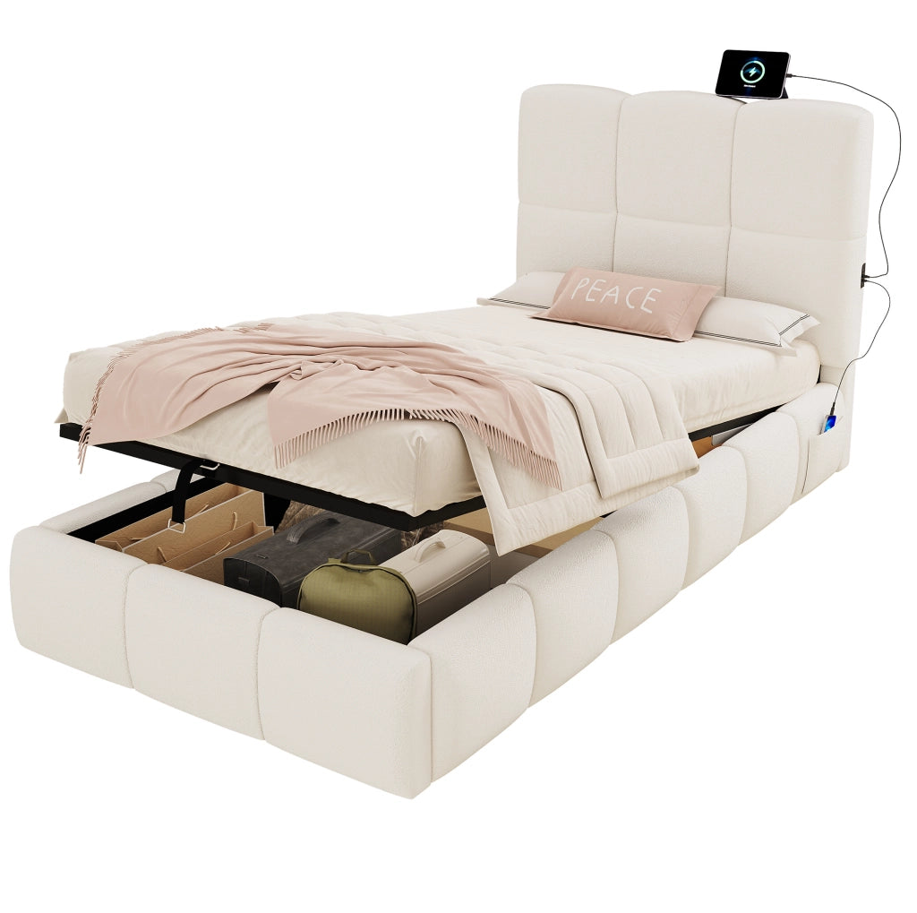Letto singolo 90x200 cm con contenitore idraulico; USB C; tessuto bouclé beige