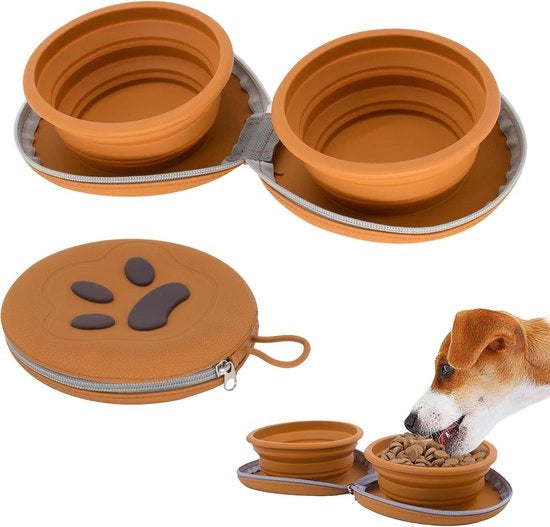Ciotola per cani pieghevole, 2 in 1, portatile per animali, contenitore doppio per acqua e cibo, da viaggio, campeggio e passeggiate, 25oz, marrone
