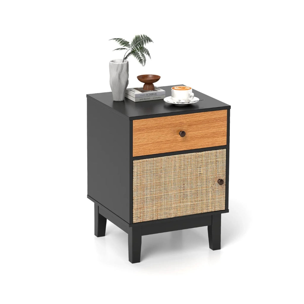 Comodino in rattan 40 x 39 x 55 cm con pratico cassetto e spazioso mobiletto stile bohémien chic in legno nero e marrone 20_0013950
