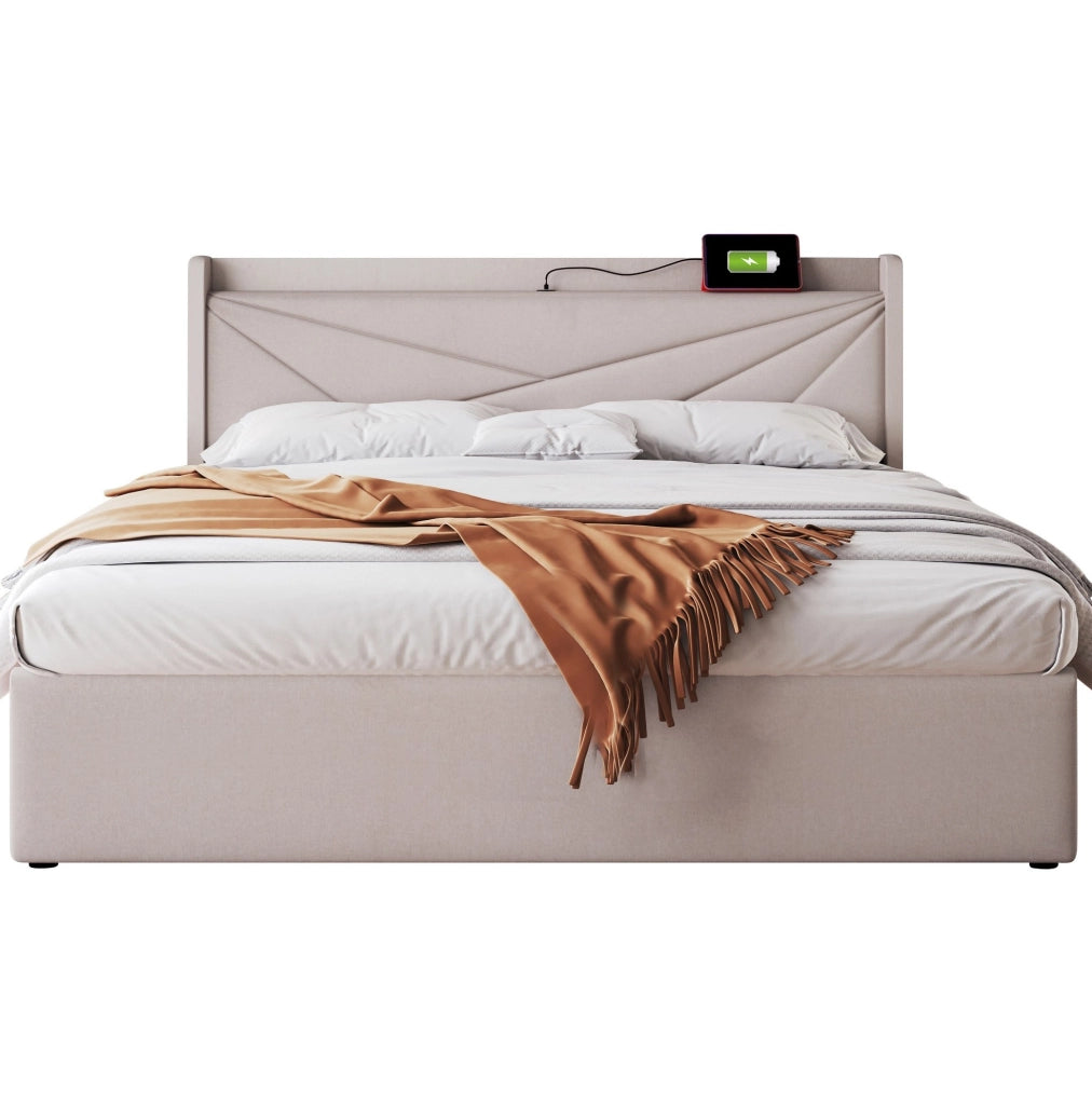 Letto matrimoniale contenitore 160x200 cm in cotone e lino beige con USB e Tipo C