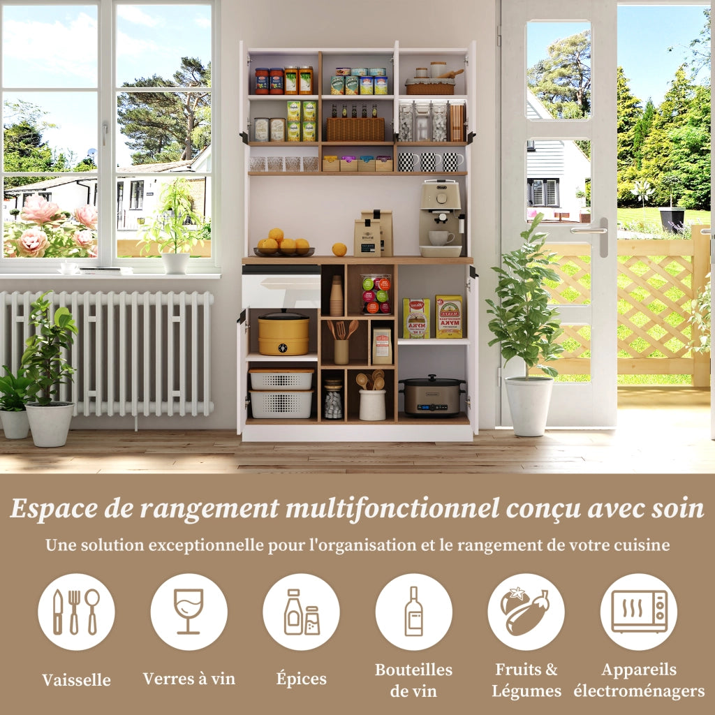 Credenza e madia bianca lucida con 1 cassetto, ripiani regolabili e vani aperti per cucina e soggiorno 105 × 45 × 185 cm