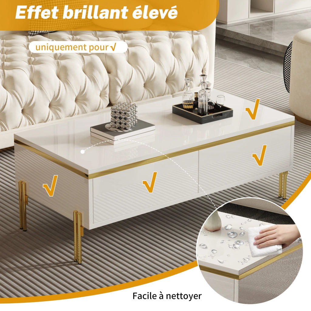 Tavolino da salotto con 2 Cassetti su due lati; finitura lucida; per soggiorno; in pannello truciolare; 100 × 50 × 36 cm; Bianco