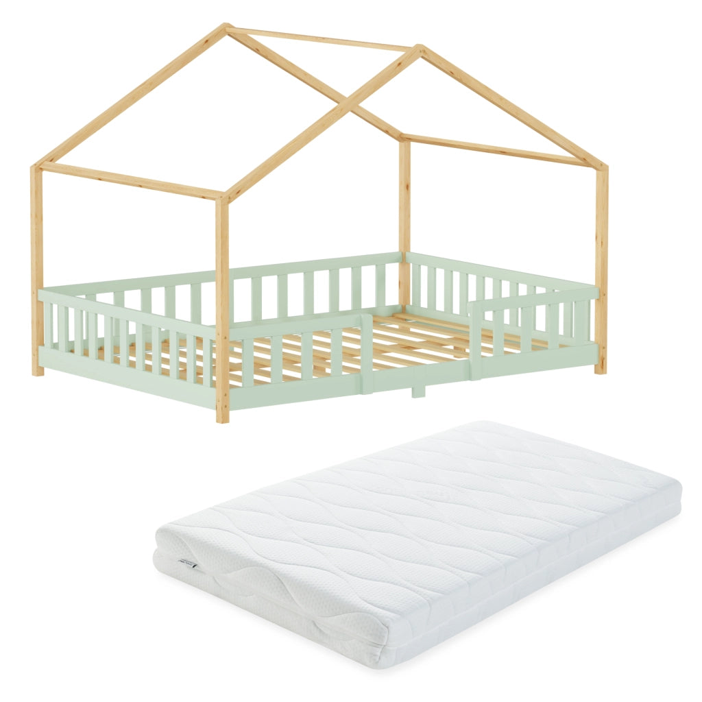 Letto per Cameretta Treviolo a Forma di Casetta in Stile Montessori con Materasso 140x200 cm - Menta Verde/Naturale [en.casa]