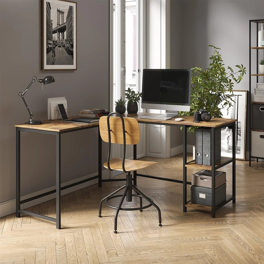 Scrivania angolare Fyrk, Legno antico, 138 x 50 cm, con ripiani aperti per una conservazione salvaspazio