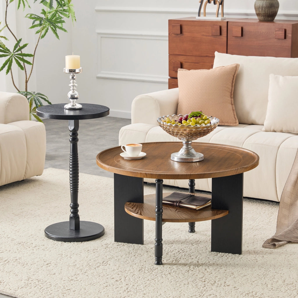 Set di 2 tavolini rotondi 80 cm e 38 cm noce e nero in MDF; bordi arrotondati