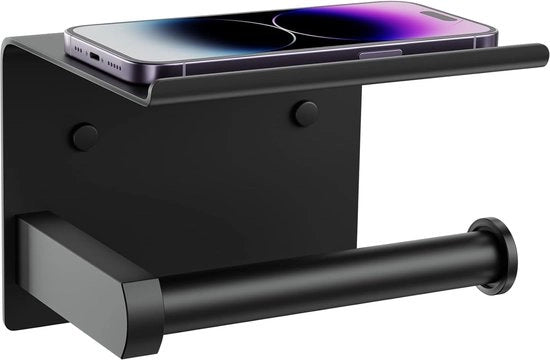 Dispensatore di carta igienica multifunzionale in acciaio inox per bagno, con appendi-telefonino, fissaggio alla parete con colla o viti, colore grigio scuro.
