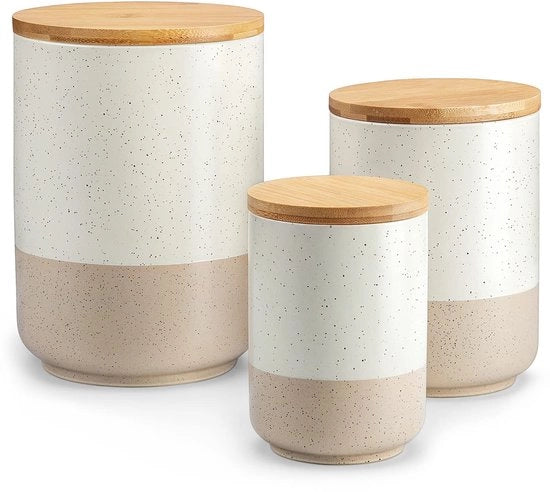 Poteri di stoccaggio ceramici con coperchi a tenuta di aria, 2200 ml / 1120 ml / 550 ml poteri di stoccaggio, poteri di stoccaggio per la cucina in ceramica a lunga durata per caffè, zucchero, tè, cereali per colazione, farina, spezie, beige