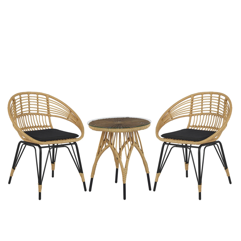 Set Bistro da Esterno in Polirattan e Metallo a 2 Posti con Tavolino color Legno Chiaro e Nero