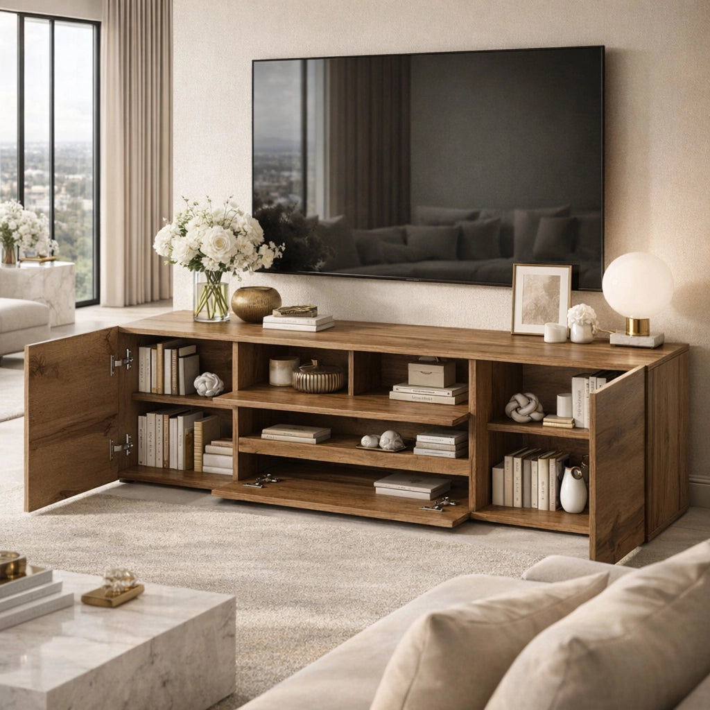 Mobile TV Design Moderno Nordico Con LED Integrati 2 Ante Battenti 1 Anta A Ribalta E Vani A Giorno In Melaminico Per Soggiorno Salotto Zona Living 137 X 45.5 X 33 Cm Rovere