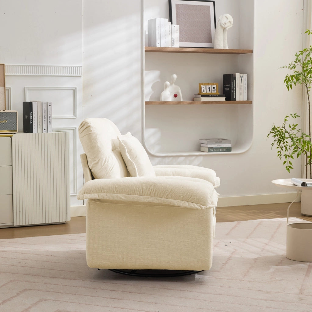 Fauteuil girevole 360° oversize in ciniglia con cuscino di sostegno ergonomico e base in metallo beige