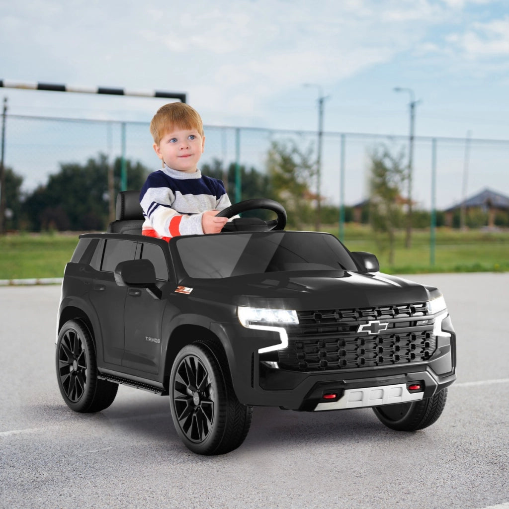 SUV elettrica 12V per bambini con telecomando 2,4G sospensione a molla luci e musica, Chevrolet auto elettrica Nero-Macchinine giocattoli