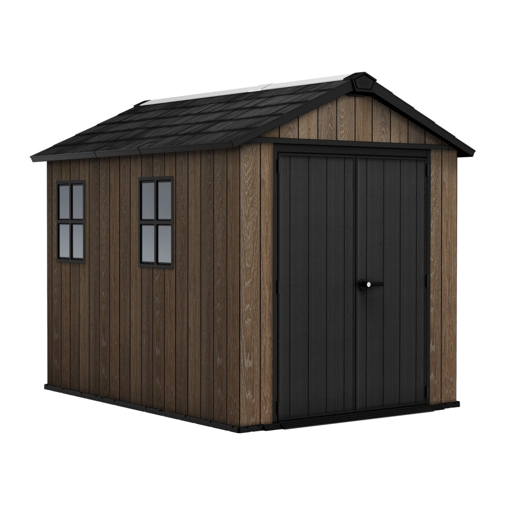 Apex 757/775 - Casetta da Giardino 223,8x246x230 cm 2 Ante per deposito attrezzi finitura effetto legno Evotech+ in Resina Marrone e Nero