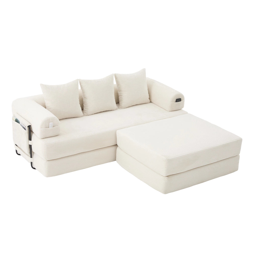 Divano modulare in tessuto corduroy beige con pouf, struttura in metallo, tasca laterale e 3 cuscini