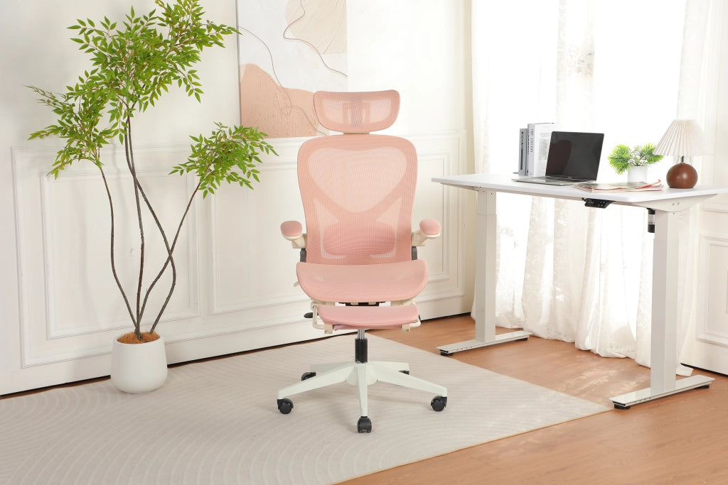 Sedia da ufficio pieghevole ergonomica in rete con poggiatesta 3D e supporto lombare regolabile rosa