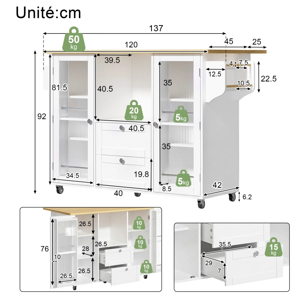 Isola da cucina con piano ribaltabile; 2 cassetti; portaprovette e portasciugamani; per cucina; 120 × 45 (70) × 92 cm