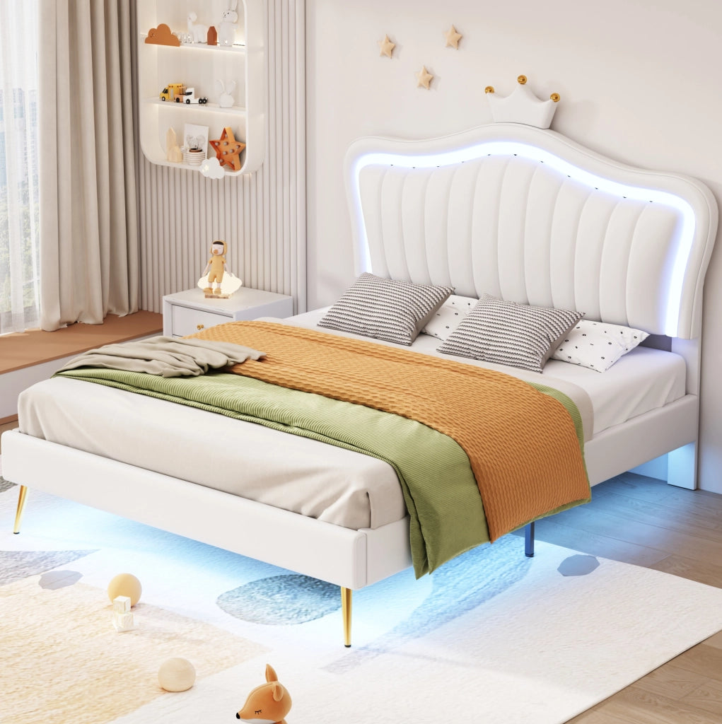 Letto per bambini 140x200 cm con luci LED; imbottito in PU; bianco (Senza materasso)