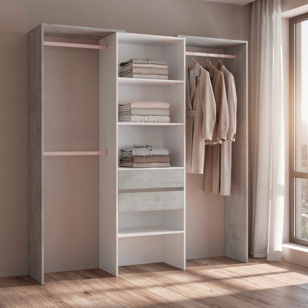 Armadio Guardaroba Da Terra Senza Porte Con 4 Barre Appendiabiti 4 Ripiani E 2 Cassetti Design Salvaspazio Per Camera Da Letto Cabina Armadietto 203 X 50 X 179 Cm Bianco Opaco Grigio Cemento