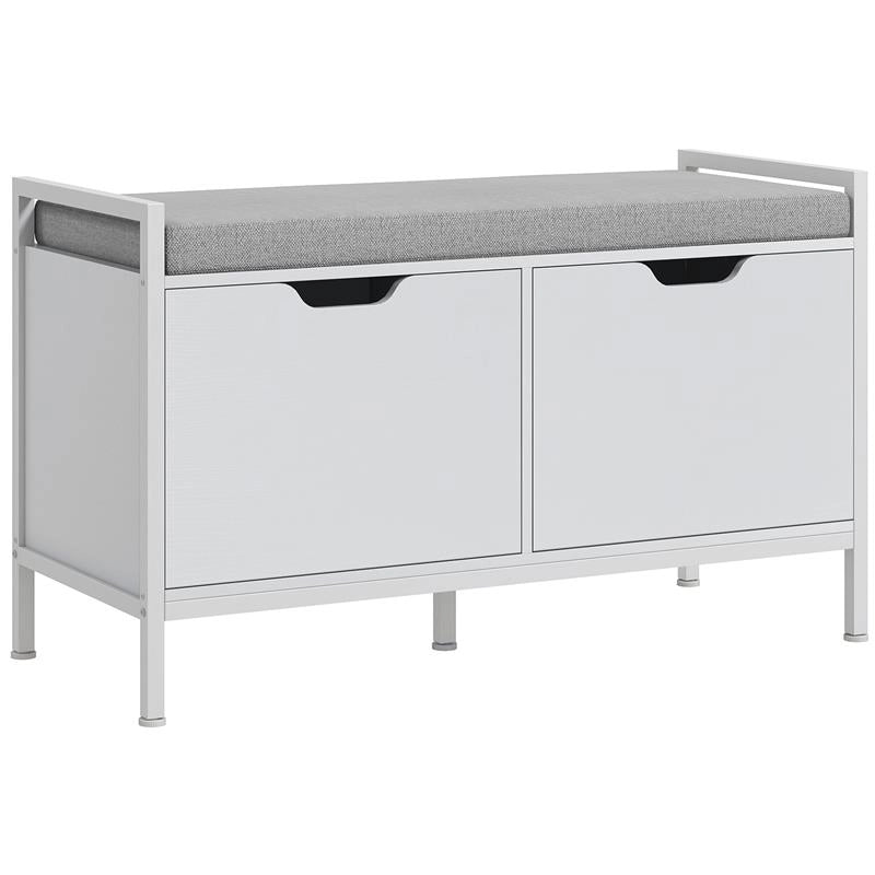 PANCA SCARPIERA A 2 ARMADIETTI CON CUSCINO IN TESSUTO EFFETTO LINO LEGNO E ACCIAIO 84X35X50 CM BIANCO