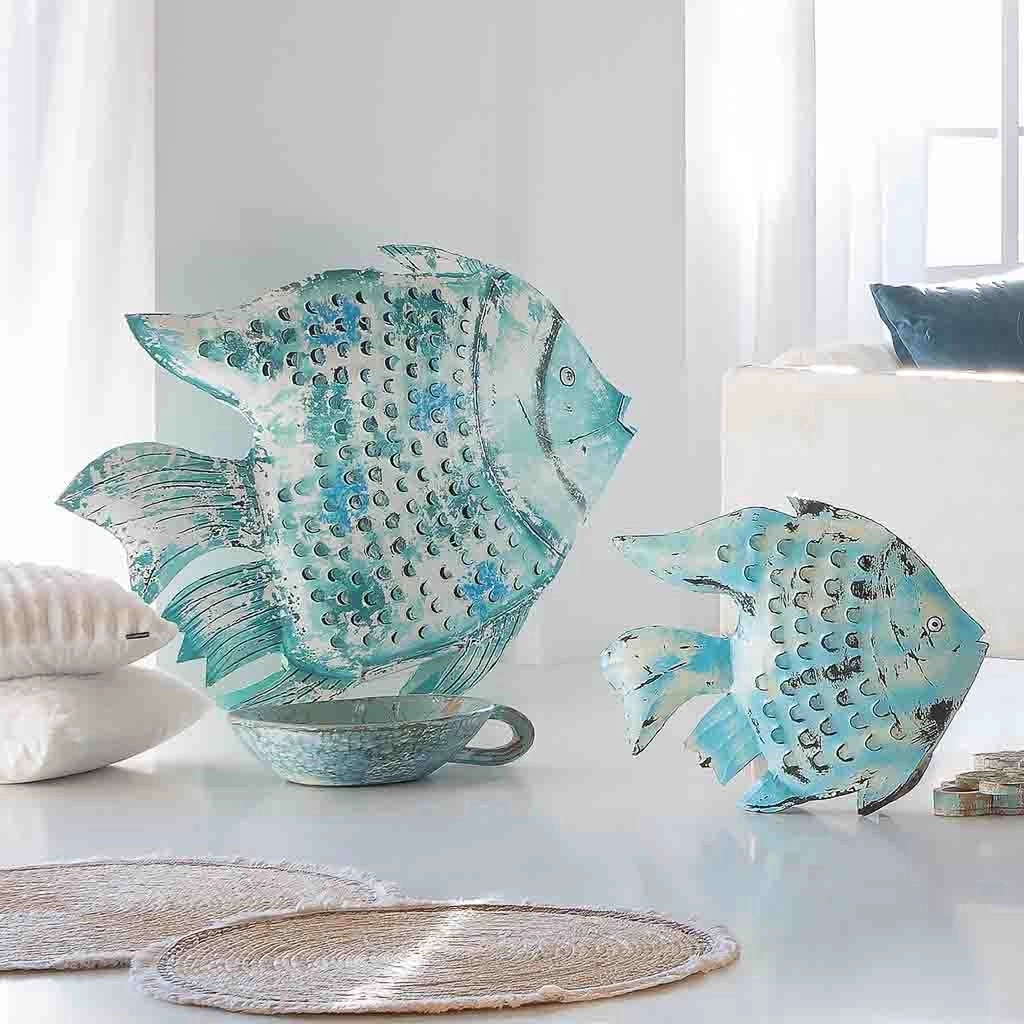 Pesce portacandela metallo invecchiato blu 107x15x83h cm