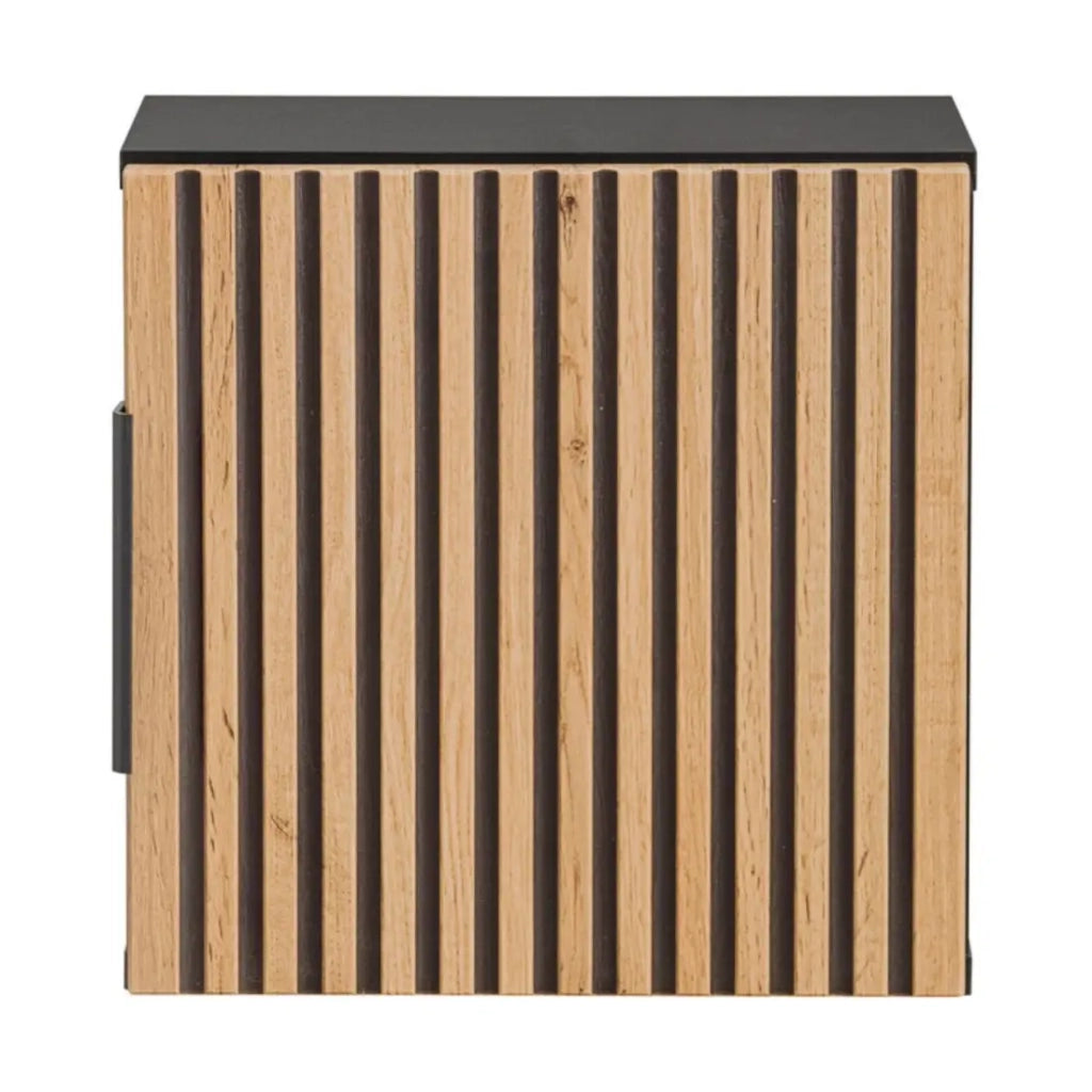 Cassettiera da muro KINOKO – 1 anta – Finitura doghe in legno naturale e nero – L35 × P22 × H35 cm – Da appendere