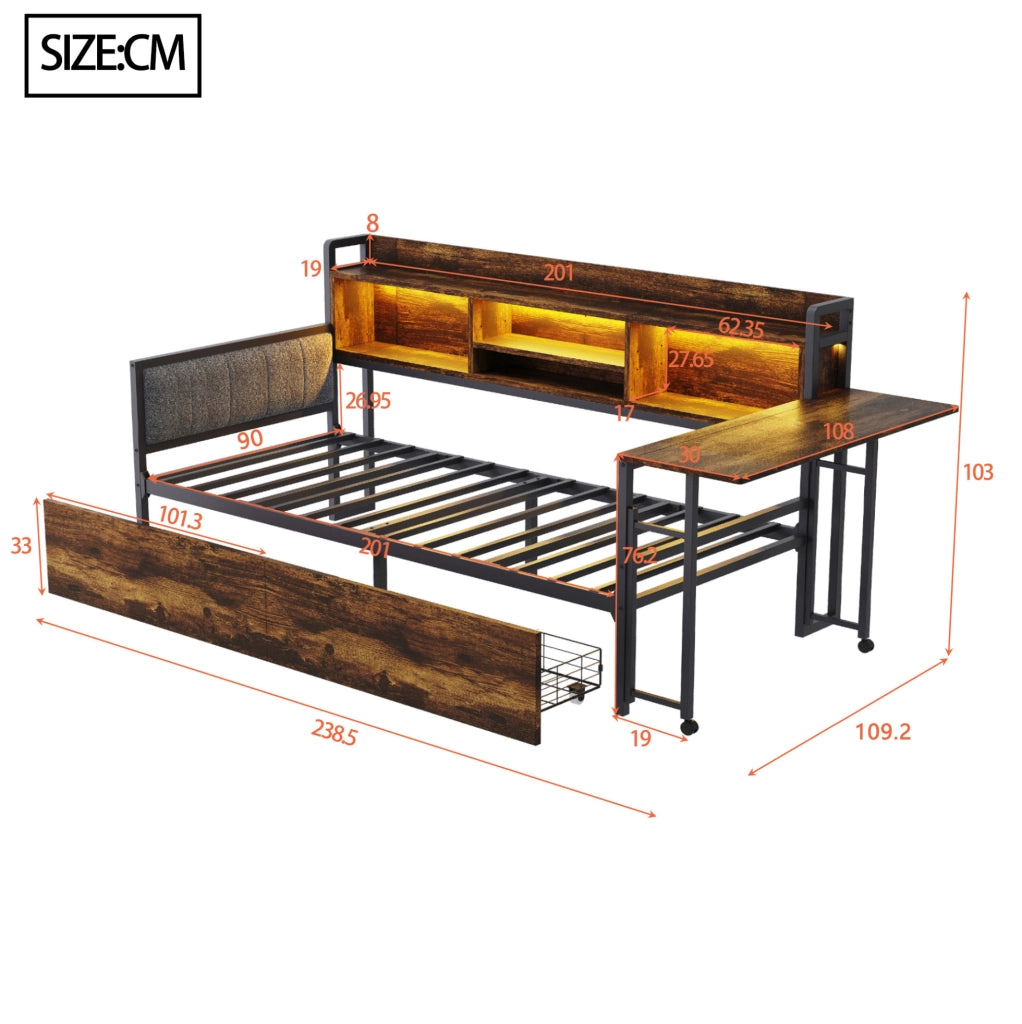 Letto singolo multifunzione 90x200 cm con LED e scrivania