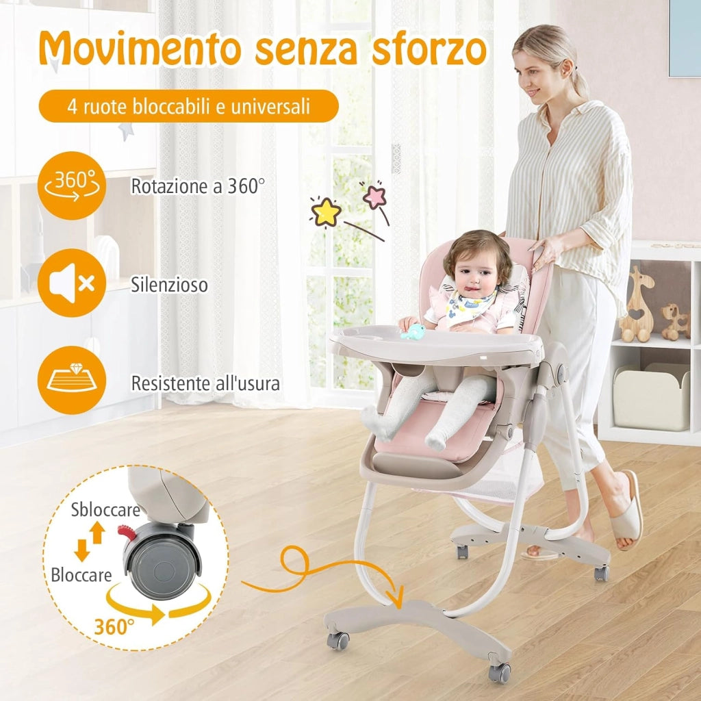 Seggiolone Pappa Bambini Pieghevole, Altezza Regolabile (Rosa) | Seggiolone Multifunzione con 4 Ruote, Poggiapiedi e Schienale, Vassoio Rimovibile, per 6-36 Mesi, Fino a 15 kg