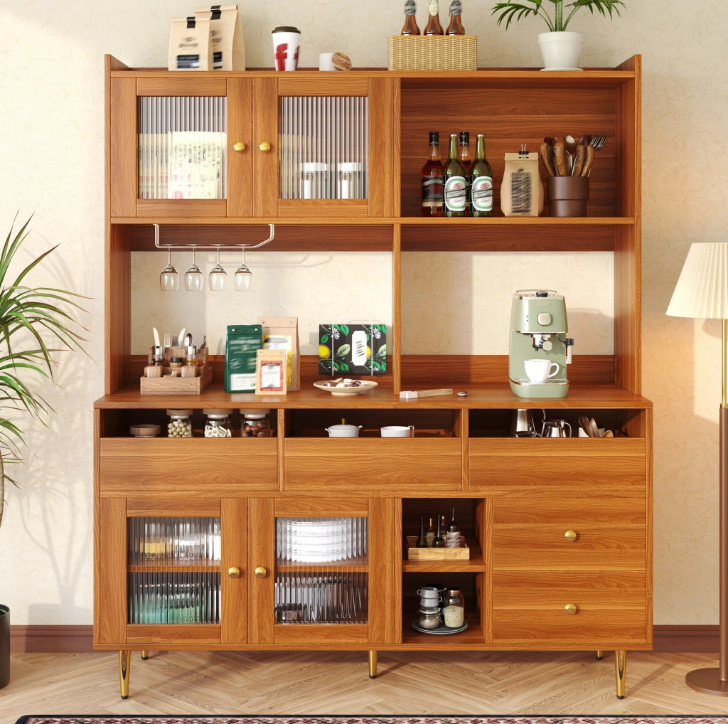 Credenza alta in MDF con vetro scanalato e portabottiglie