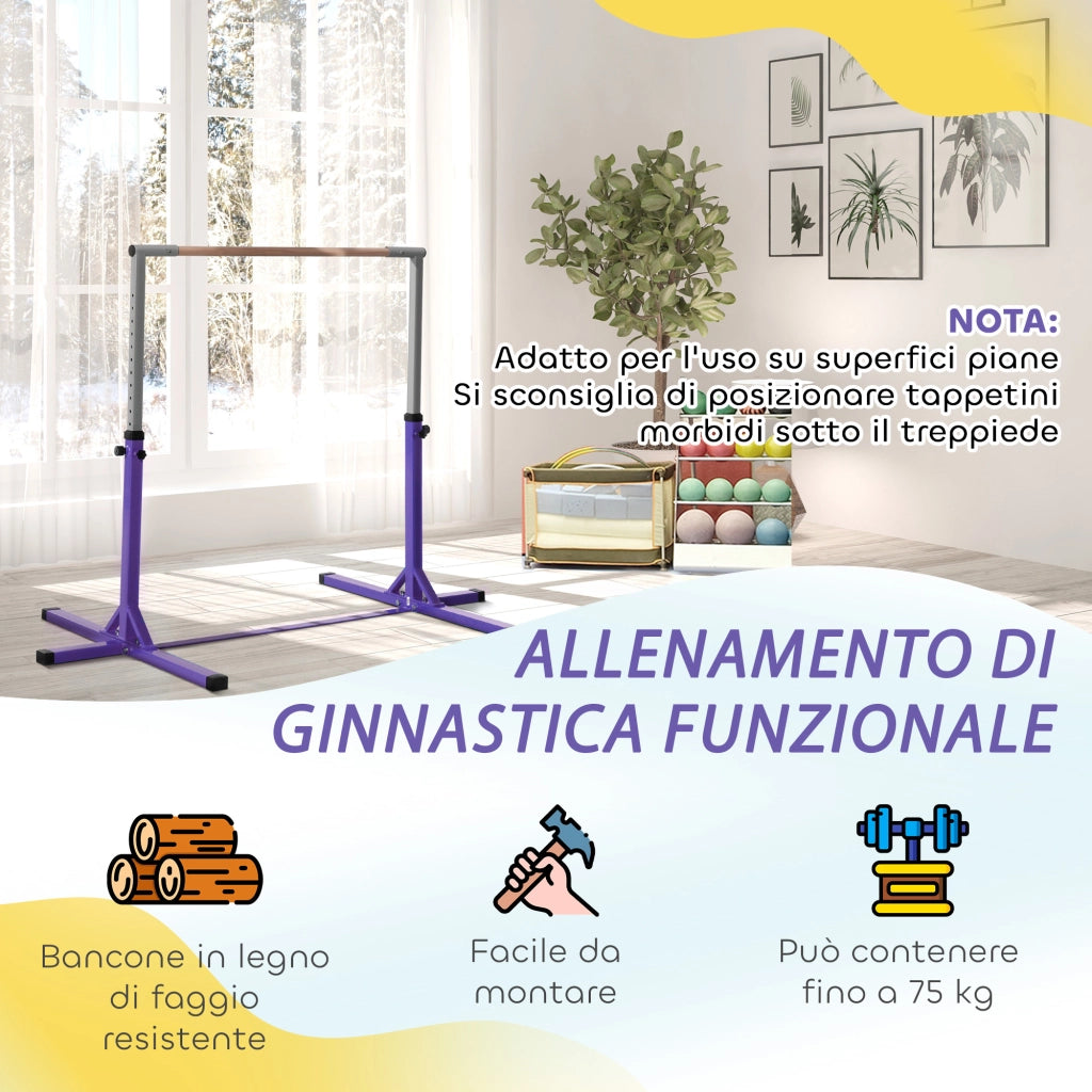 Barra da Ginnastica per Bambini 3+ Anni 194x121x92-150 cm in Acciaio e Legno Massello di Faggio Viola