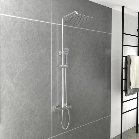 Sistema douchi in acciaio inox 304 con termostato, risparmia acqua, doppia doccia con manigliona e doccia a testa T, forma rettangolare