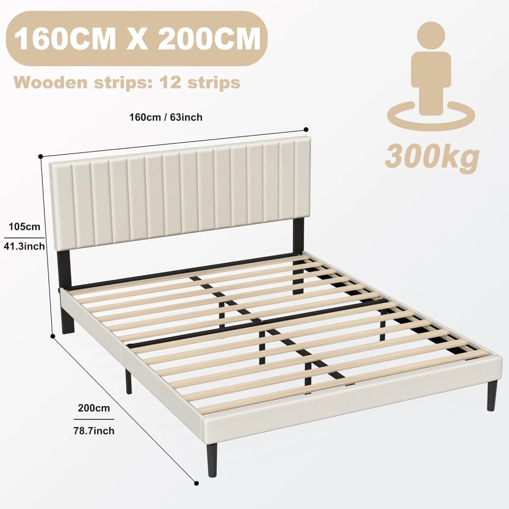 Telaio letto 160 x 200 cm, in metallo con testiera in velluto e rete a doghe, letto per ragazzi, letto matrimoniale, camera degli ospiti, beige
