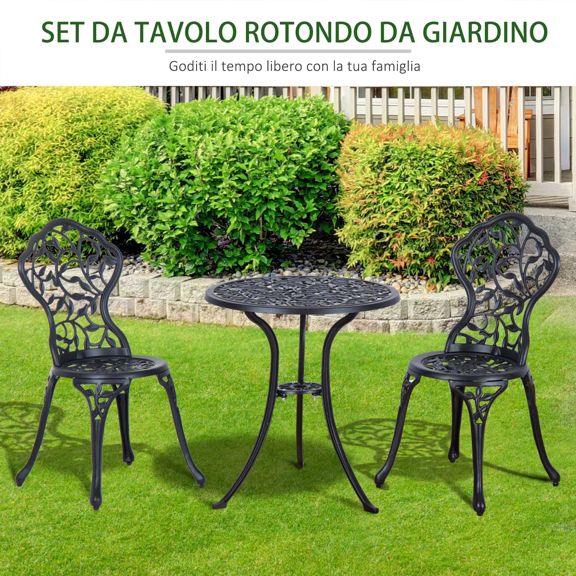 Set 3 Pezzi da Giardino con 2 Sedie da Esterno e Tavolo Rotondo in Alluminio Nero